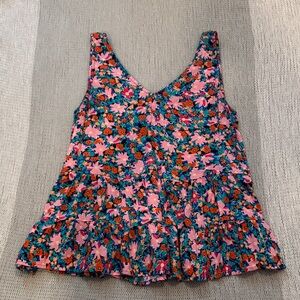 LOFT Floral V-Neck Sleeveless Tiered Tank - Pink, Teal & Orange